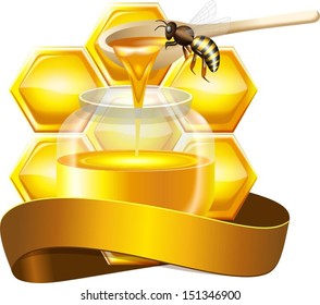 Jar of honey with bee, vector illustration