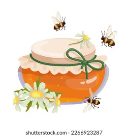 Jar of honey with honey bees and field chamomile flowers.Cartoon vector graphic.