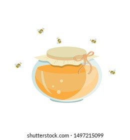 A jar of honey and bees. Isolated on white background, vector graphics