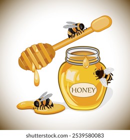 Jar of honey and bees.Vector illustration with a jar of honey, bees on a light background.