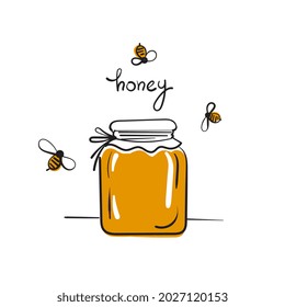 Jar with honey cartoon illustration. Vector sketch.
