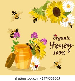 Jar of honey with chamomile, clovers, sunflowers, ladybugs and bees. Postcard for shop or bakery. Vector illustration.