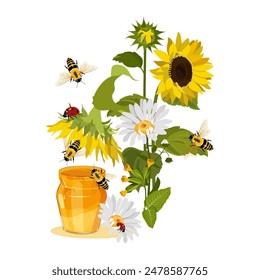 Jar of honey with with chamomiles, sunflowers, ladybugs and bees on a isolated background. Template for shop or bakery. Vector illustration.