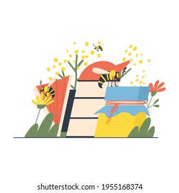 A jar of honey in a clearing with flowers and smokestacks. The concept of healthy food. Postcard with organic honey 100% natural. Honey bees, flowers, jar of honey.