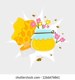 A jar of honey, honey comb, wax. Straw hat from bees on a flowering meadow, bees fly around and flowers bloom. Cartoon vector.