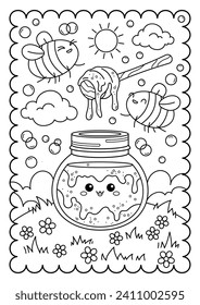 Jar of honey, cute kawaii bees, summer. Sweets, dessert. Cute coloring page for kids and adults, black and white vector illustration.