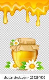 a jar of honey with daisies, amber drops to drain, isolated vector illustration