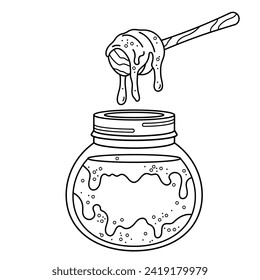 A jar of honey. Dessert, sweets. Coloring page, icon, black and white vector illustration.