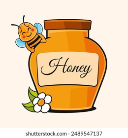 Jar of honey with honey dipper flat illustration isolated on white background
