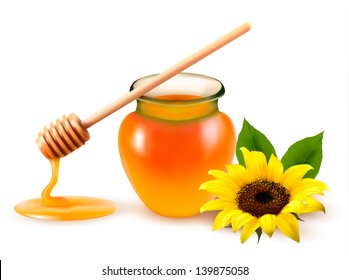 Jar Of Honey And A Dipstick With Yellow Flower. Vector Illustration.