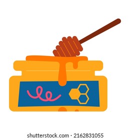 Jar of honey - flat design style single isolated object. Neat detailed image of organic homemade delicacy for the sweet tooth. Natural ingredient, nutrition, vitamins, boost immunity and beeswax