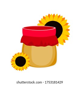 Jar with honey and flowers isolated on white background. Orange sunflower. Cartoon style. Template icon, design for fabric, textile, posters, card, paper, banner. Colorful flat vector illustration.