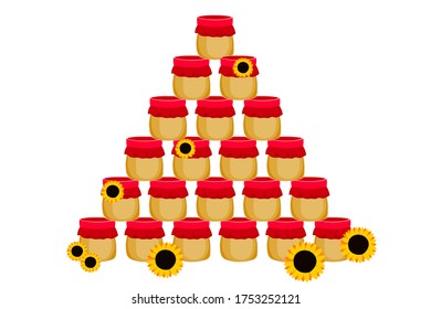 Jar with honey and flowers isolated on white background. Orange sunflower. Cartoon style. Template icon, design for fabric, textile, posters, card, banner. Colorful flat vector illustration.
