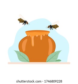 
Jar of honey with flying bees and leaves in cartoon style, vector illustration isolated on white background.