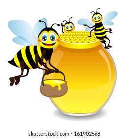 Jar with honey and funny bees, vector 