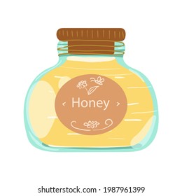 A jar of honey. Glass bowl with sweet honey. Vector hand drawn illustration