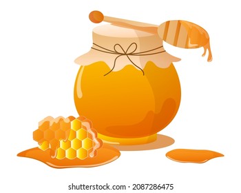 Jar with honey. Graphic elements for grocery store. natural and stylish products, healthy food. Honeycomb, sweetness, stick with liquid, pieces in puddle, stains. Cartoon flat vector illustration