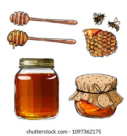 A jar of honey. Honey, honeycomb, bees, honey stick. Vector skech food