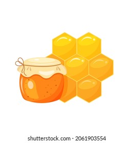Jar of honey, honeycomb in cartoon style.