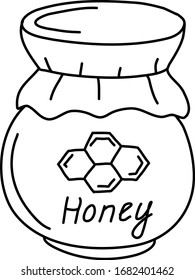 A jar of honey, isolated on a white background. Bee honey. Strengthening the immune system. Hand-drawn vector illustration in the Doodle style.