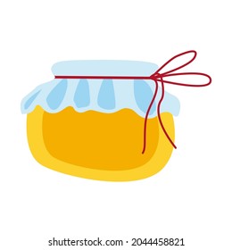 Jar of honey isolated on white background. Cartoon style. Yellow and pastel blue. Red string. Healthy organic food. Ethnoscience and medicine. For post cards, posters, prints, social media, icons