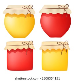 Jar com mel e geleia. Engarrafamento de framboesa ou morango, mel. Um pote de mel e geleia. Clipart de vetor isolado no plano de fundo branco.