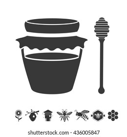 Jar of honey or jam. Vector logotype isolated on white background. Icon set about bees and apiculture: bee hive, honey, flower and spoon.