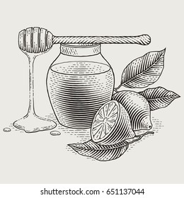 Jar of honey and lemons. Hand drawn engraving style illustrations. 