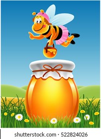 jar of honey in a meadow with bees and flowers