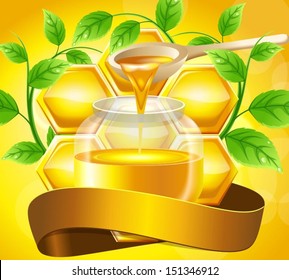 Jar with honey and mint leaves, illustration