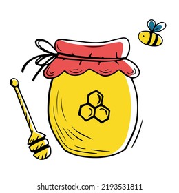 Jar of honey. Natural bee honey drawn in doodle style. Vector illustration isolated on white background