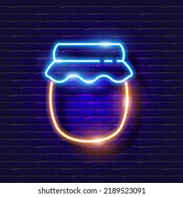 Jar of honey neon sign. Vector illustration for Rosh Hashanah. Jewish culture.