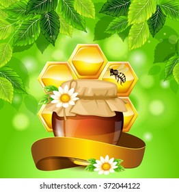 jar of honey on a background of spring leaves, honeycomb, flowers, bee. Colorful template for design. Isolated vector illustration