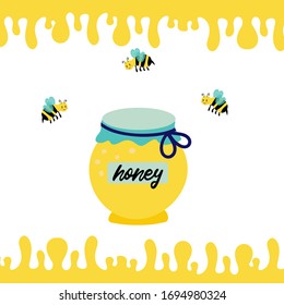 Jar of honey on honeycombs background. Vector illustration cartoon flat icon isolated on white. can be used for: Print, banner, label, poster, sticker, logo.