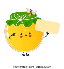 Jar of honey poster character. Vector hand drawn cartoon kawaii character illustration. Isolated white background. Jar of honey and poster