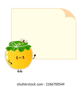 Jar of honey poster character. Vector hand drawn cartoon kawaii character illustration. Isolated white background. Jar of honey and poster