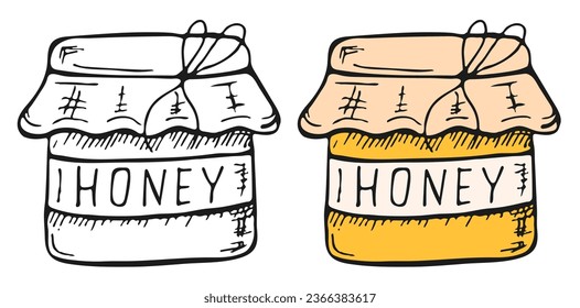 Jar with honey. A pot of honey. Picture for coloring.Vector clipart isolated on gray background.