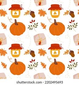 Jar with honey, pumpkin and autumn leaves. Seamless pattern. Can be used for web page background fill, surface texture