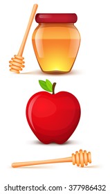 Jar of honey, red apple and spoon isolated icons on a white background.