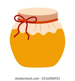 A jar of honey with a red ribbon tied around it