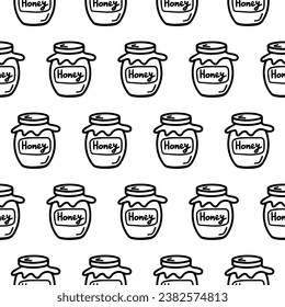 Marmelade aus Honig nahtloses Muster. Doodle-Muster mit einem Glas Honig einzeln auf Weiß. Marmelade aus Honig, Tapete für Kaffee oder Restaurant Dekoration Menü. Handgezeichnete Bienenhonig-Umrissseite