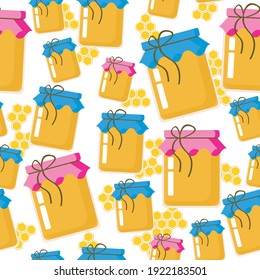 Jar of honey seamless pattern. Flat vector stock illustration. Glass jar and honeycomb. Gold texture as wallpaper, backdrop. background. Seamless pattern, textra, ornament for print