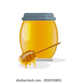 A jar of honey with a honey spoon