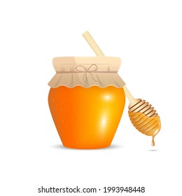 Jar of honey and honey spoon with drop. Vector illustration