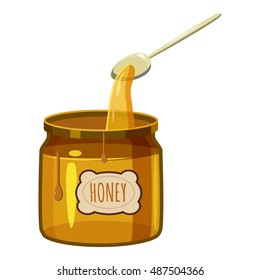 Jar of honey with spoon icon in cartoon style isolated on white background. Food symbol vector illustration