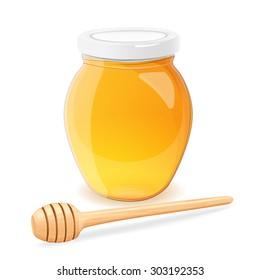 A jar of honey and spoon for honey on a white background. Eps 10.