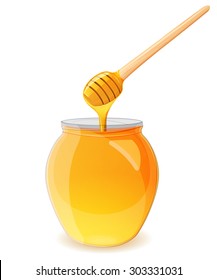 A jar of honey and spoon for honey on a white background. Eps 10.