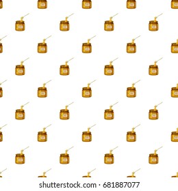 Jar of honey with spoon pattern seamless repeat in cartoon style vector illustration