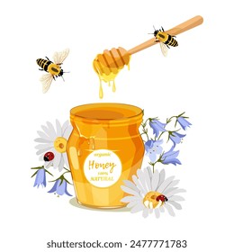 Jar of honey with honey spoon, with wild flowers, ladybugs and bees. Sweet honey and bees. Logo for shop or bakery. Vector illustration isolated on white background.