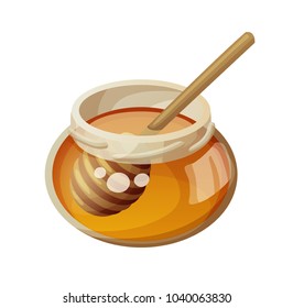 Jar of honey and stick. Cartoon vector icon isolated on white background